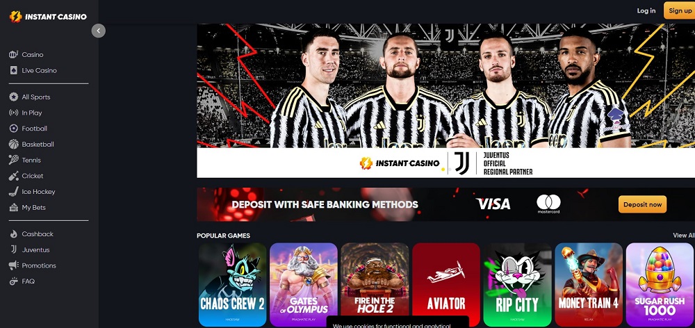Webseite eines Wettanbieter ohne Lizenz, Instant Casino, sowie moderner Krypto Casinos, mit verschiedenen Werbeaktionen, Navigationsoptionen und farbenfrohen Bannern für Boni und Turniere.